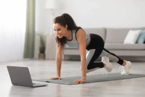 At-home personal training session using resistance bands